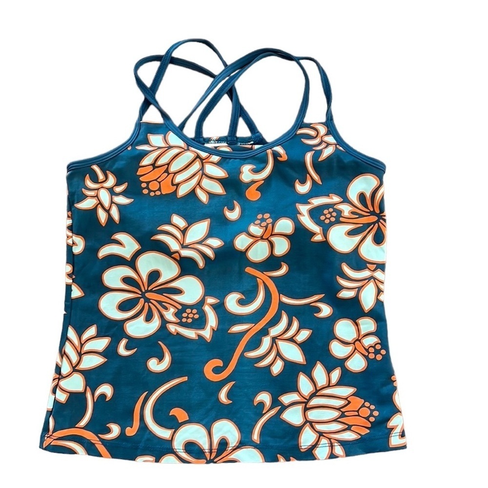 Jerdog floral tennis top. EUC. Sz S. Blue/orange Crisscross straps. Built in bra